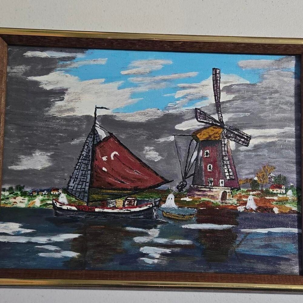 Halloween themed dutch sailboat windmill water painting Netherlands.